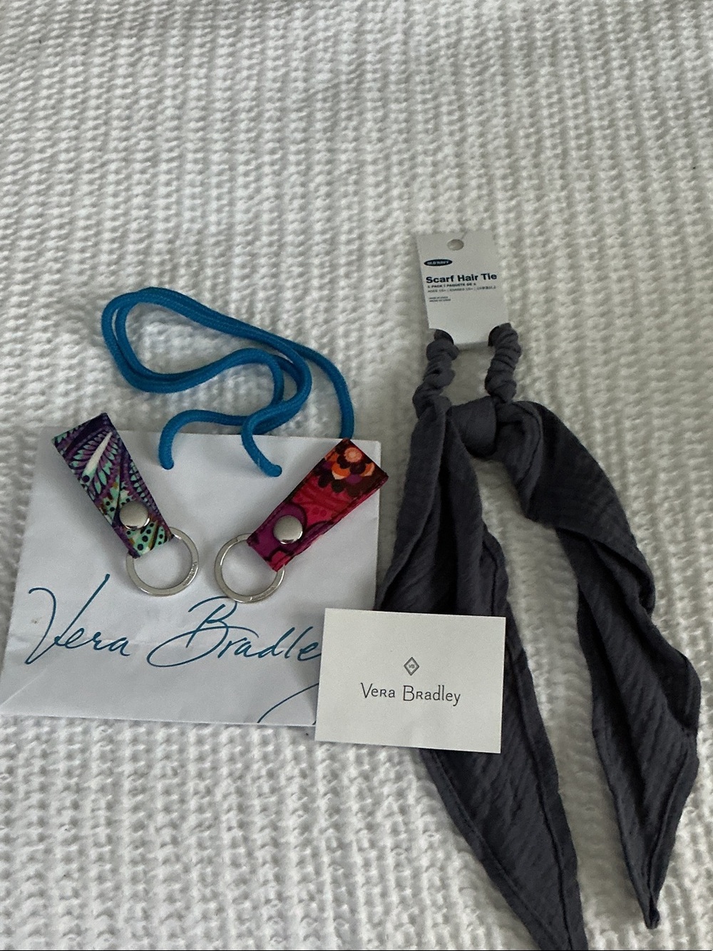 Vera Bradley Loop Keychains 2  paisley  floral patterns& Gray Scarf Hair Tie.